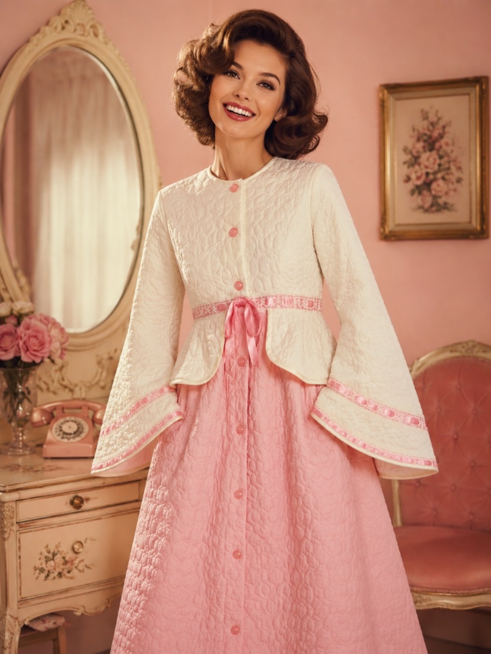 Vintage 60s Deadstock Pink Ivory Quilted Glam Housecoat Bell Sleeve XL Glam Chic